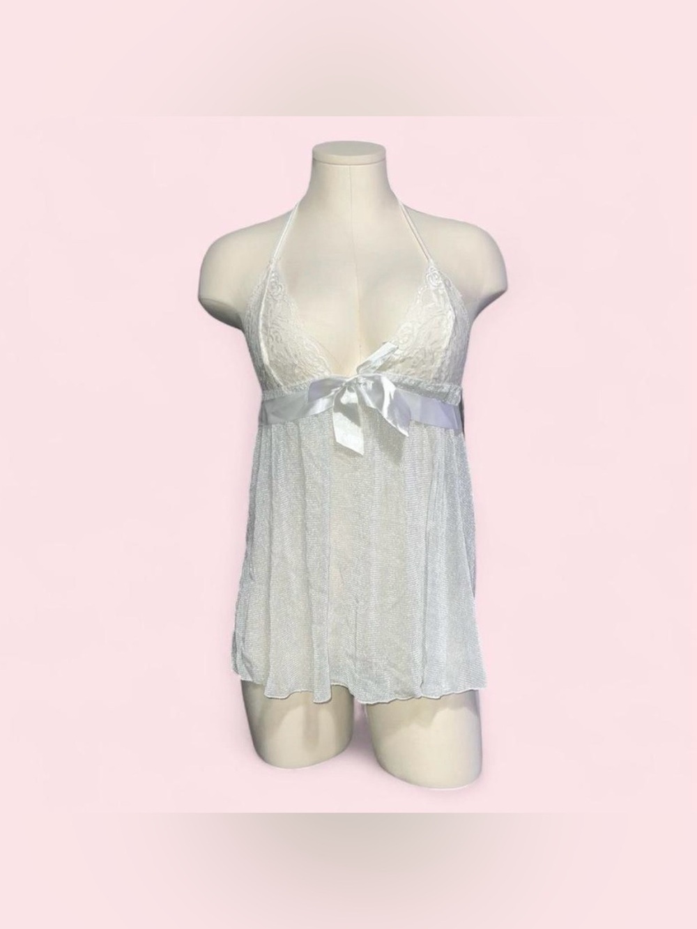 Source Unknown White Lace Halter Babydoll with Satin Bow